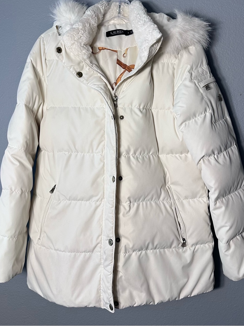 Ralph Lauren Off-White Quilted Down Puffer with Faux Fur Hood